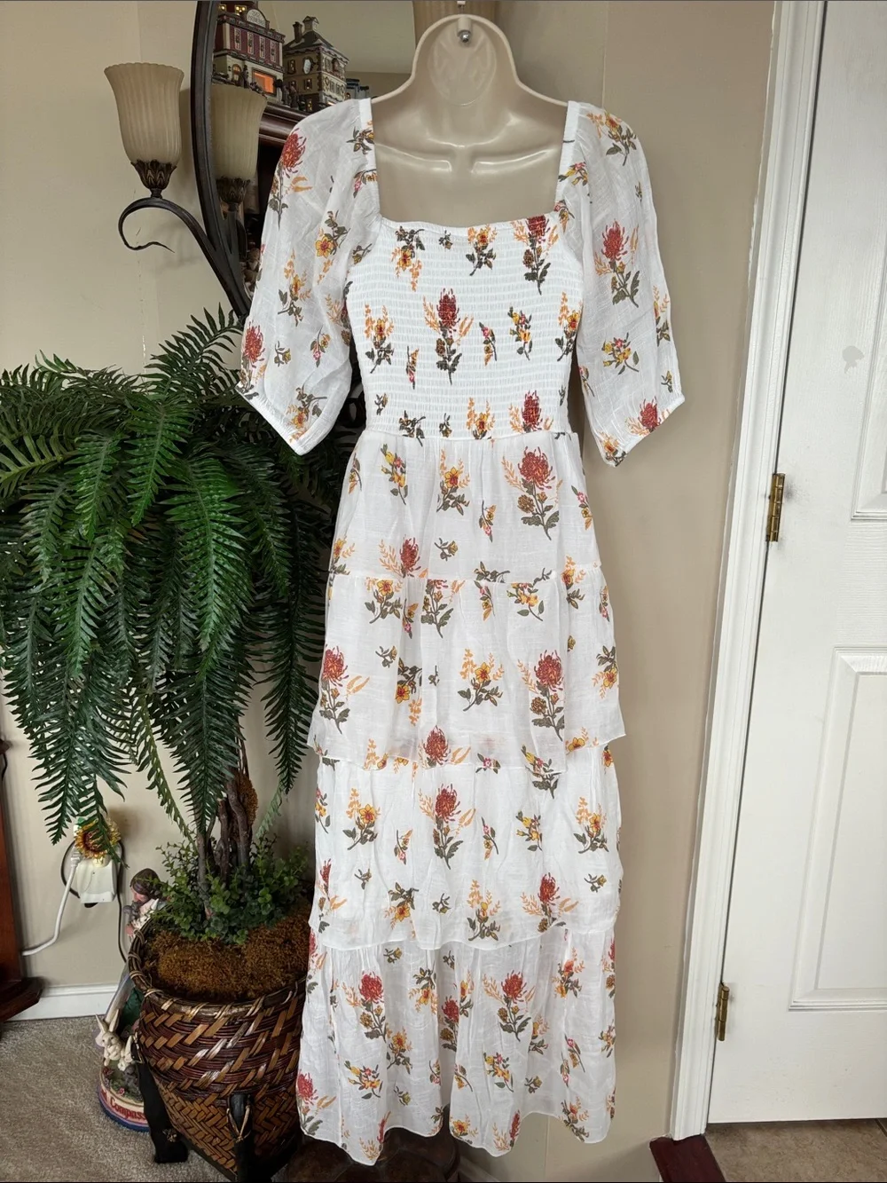 J. Gee White Boho Floral Tiered Maxi Dress Smocked Bodice Ruffle Puff Sleeves - Picture 9 of 15